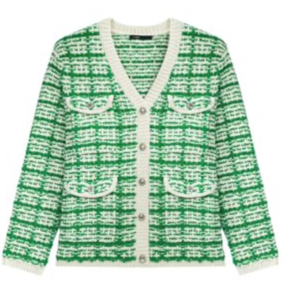 Maje green and cream cardigan button up sweater metallic chenille